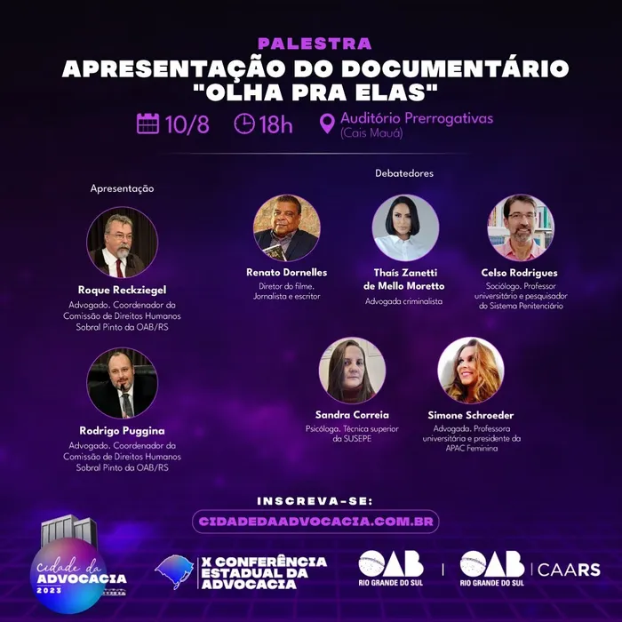 Cartaz oficial do debate do documentário Olha pra Elas na Cidade da Advocacia no Cais Mauá em Porto Alegre